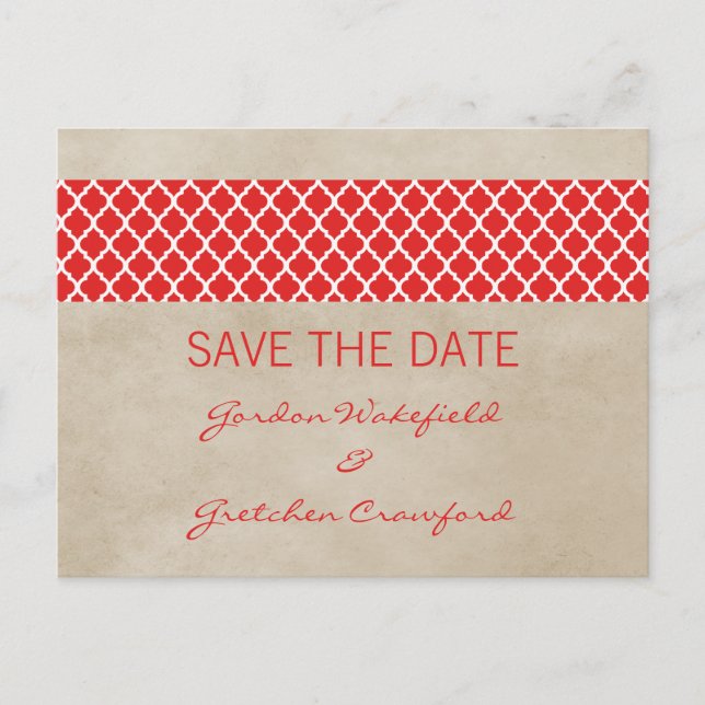 Rote rustikale Quatrefolie Save the Date Postkarte (Vorderseite)