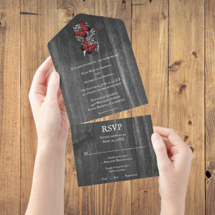 Rote Rustikale Schmetterling Alles in Einem Hochze All In One Einladung