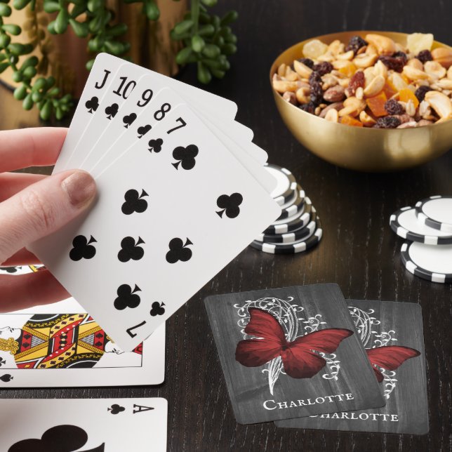 Rote Rustikale Schmetterling Personalisierte Spiel Spielkarten (In Situ)