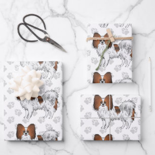 Rote Sable-Papillon-Cartoonhunde mit Pfoten Geschenkpapier Set