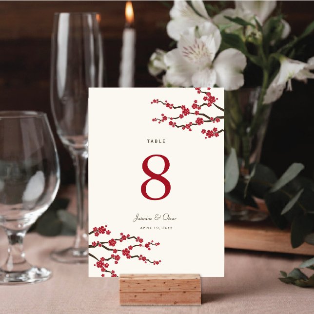 Rote Sakura Kirschblüten Elegante Hochzeit in Asie Tischnummer (Red/Ivory Sakura Cherry Blossoms Elegant Asian Wedding Table Number Card @ fat_fa_tin)