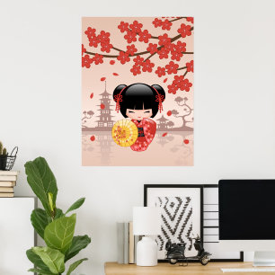 Rote Sakura-Kokeshi-Puppe - Japanische Geisha Poster