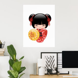 Rote Sakura Kokeshi-Puppe - Japanisches Geisha-Mäd Poster