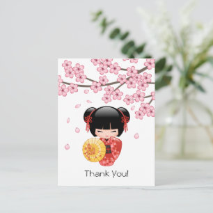 Rote Sakura Kokeshi Puppe - Süße Geisha dankeschön Postkarte