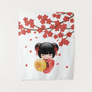 Rote Sakura Kokeshi-Puppe - Süße japanische Geisha Wandteppich