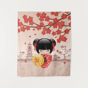 Rote Sakura Kokeshi-Puppe - Süße japanische Geisha Wandteppich