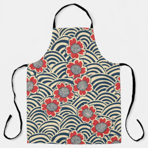 Rote Sakura Navy Wave Cream Japanisches Muster Schürze
