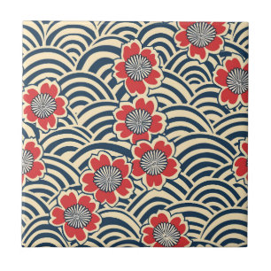 Rote Sakura-Navy-Welle-Cream-Japanisches Muster Fliese