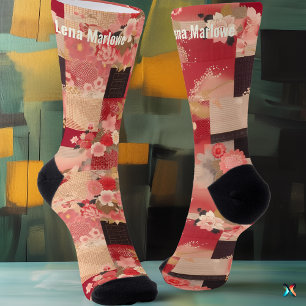 Rote Sakura-Patchwork-Socken mit japanischem Charm Socken