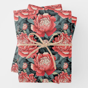 Rote & Salbei-Pfingstrosen-Blumen-Verpackungsbögen Geschenkpapier Set