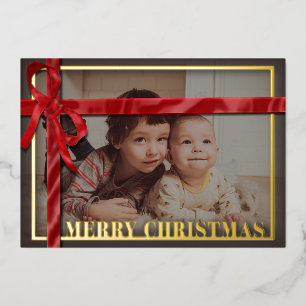 Rote Satinband Familienfoto Weihnachten Gold Folien Feiertagskarte