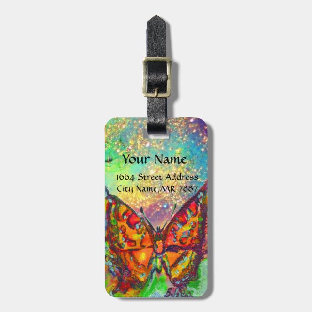 ROTE SCHALTFLY BLAUE GOLD GELBEN GLITZERN-MONOGRAM GEPÄCKANHÄNGER (Vorderseite vertikal)