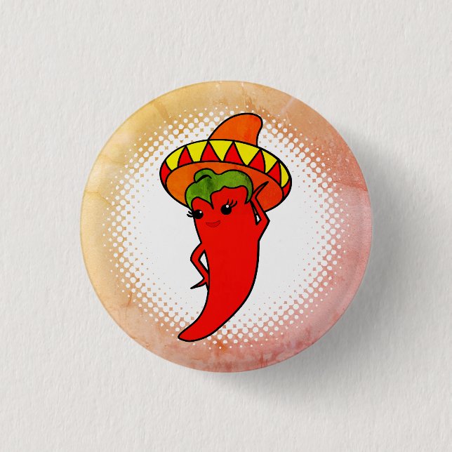Rote scharfe Paprika Diva Kawaii Style Druck Mexik Button (Vorderseite)