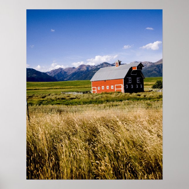 Rote Scheune auf dem Feld nahe Joseph, Oregon, USA Poster (Vorne)