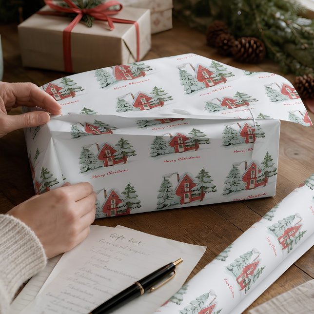 Rote Scheune Grüner Winterwald Kiefern-Weihnachtsb Geschenkpapier (Von Creator hochgeladen)