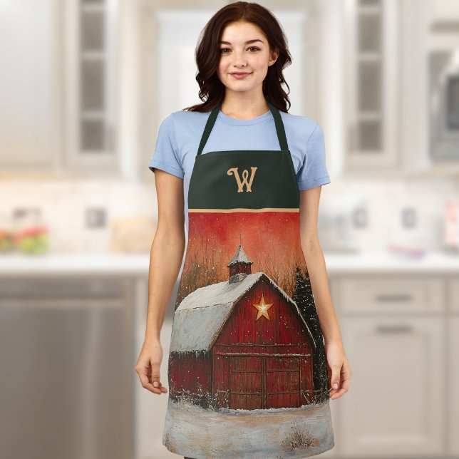 Rote Scheune mit Stern an Winterbäumen Farmhouse M Schürze (Von Creator hochgeladen)