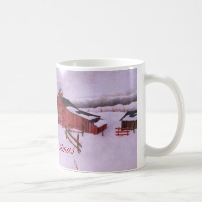 Rote Scheune und Bauernhof im schweren Winterschne Kaffeetasse (Rechts)