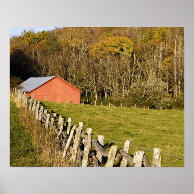 Rote Scheune und Fencerow entlang des Blue Ridge Poster (Vorne)