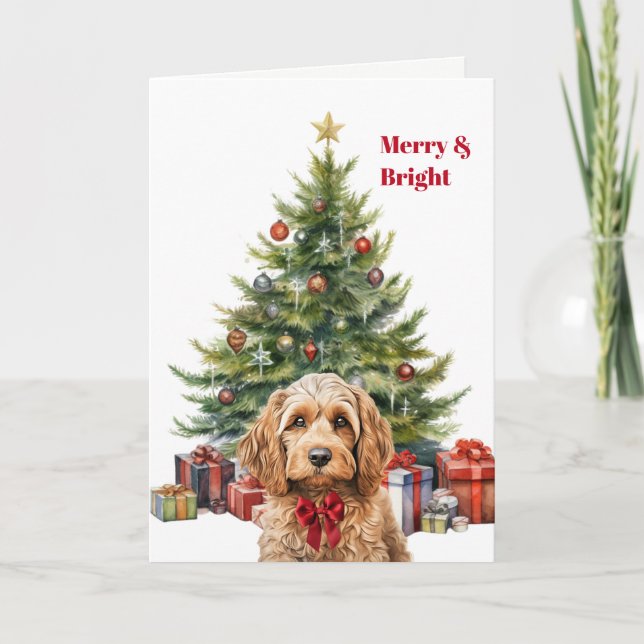 Rote Schleife Cockapoo Hund Weihnachtsbaum Karte (Vorderseite)