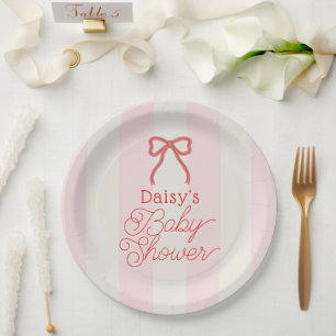 Rote Schleife & rosa Streifen Baby Shower Pappteller