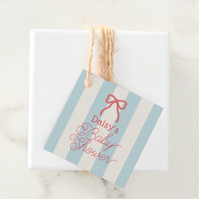 Rote Schleife und blaue Streifen Baby-Party Geschenkanhänger (Beispiel)