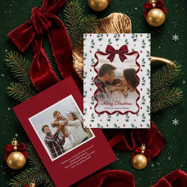 Rote Schleife Wintergrün-Weihnachtskarte Frohe Wei Einladung (Elegant Red Bow Merry Christmas 2 Photo Greeting Card)