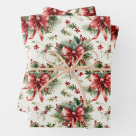 Rote Schleifen und Stechpalmenblätter Geschenkpapier Set