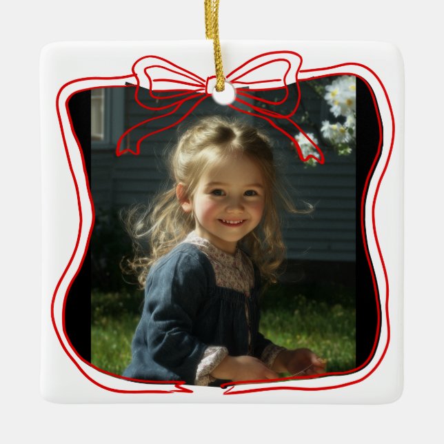 Rote Schleifenbogenrahmen Custom Foto Keramikornament (Vorderseite)