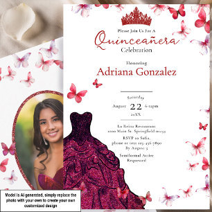 Rote Schmetterlinge Kleid Foto 15 XV Quinceanera Einladung