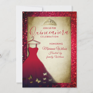 Rote Schmetterlinge kleiden tiara Quinceañera Einladung