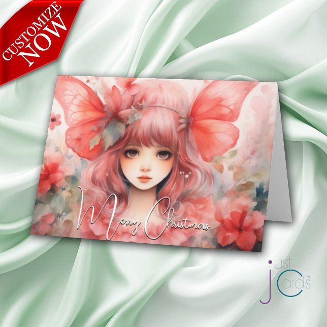 Rote Schmetterlings-Pixie-Weihnachtsfeier  Karte (Customizable Text)