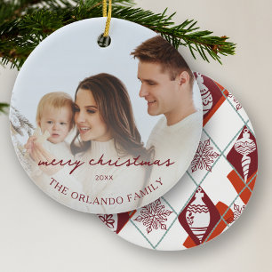 Rote Schneeflocken Frohe Weihnachtsfamilie Name Fo Keramik Ornament
