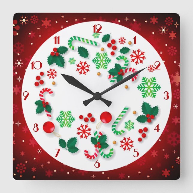 Rote Schneeflocken Hintergrund Einfach Weihnachten Quadratische Wanduhr (Vorderseite)