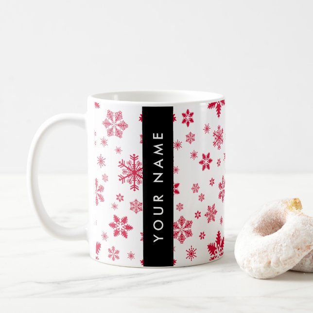 Rote Schneeflocken, Ihr Name, Personalisieren Kaffeetasse (Mit Donut)