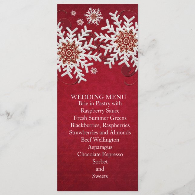 Rote Schneeflocken Wirbel Hochzeitmenü Menükarte (Vorderseite)