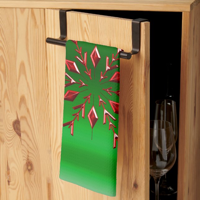 Rote Schneeflocken zu Grünen Weihnachten Geschirrtuch (Drittel gefaltet)