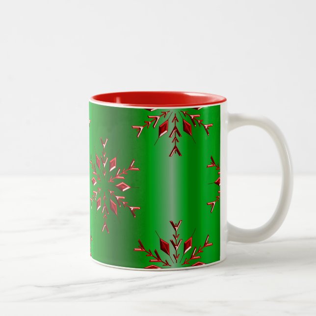 Rote Schneeflocken zu Grünen Weihnachten Zweifarbige Tasse (Rechts)