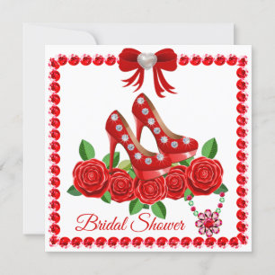 Rote Schuhe, Juwelen und Rose Blume Brautparty Einladung