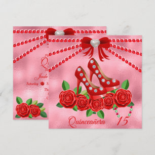 Rote Schuhe, Juwelen und Rose Blume Quinceañera Einladung