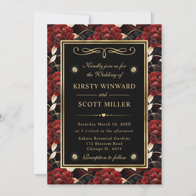Rote Schwarz-Gold-Marmor-Hochzeit Einladung (Vorderseite)