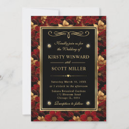 Rote Schwarz-Gold-Marmor-Hochzeit Einladung