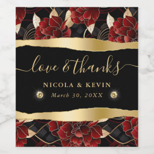 Rote Schwarz-Gold-Marmor-Hochzeit Weinetikett