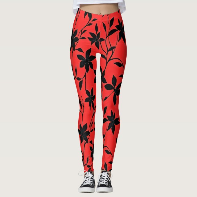Rote schwarze Blume Leggings (Vorderseite)