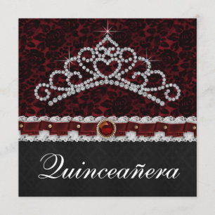 Rote schwarze Damast-Tiara Rote schwarze Quinceane Einladung