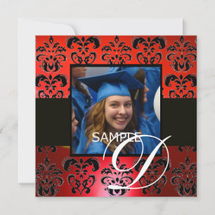 ROTE SCHWARZE GRADUATION DAMAST-MONOGRAMM weiß Einladung