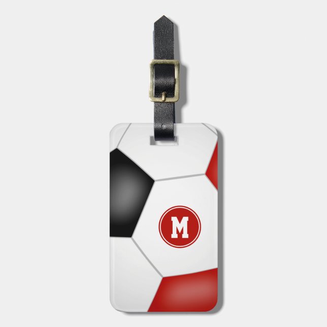 Rote schwarze Mannschaft Farben Jungs Fußball-Tasc Gepäckanhänger (Vorderseite vertikal)