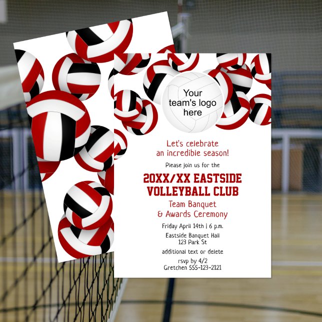 Rote schwarze Mannschaft Farben Volleyball Saison  Einladung (Volleyball team party invitation, front & back views)