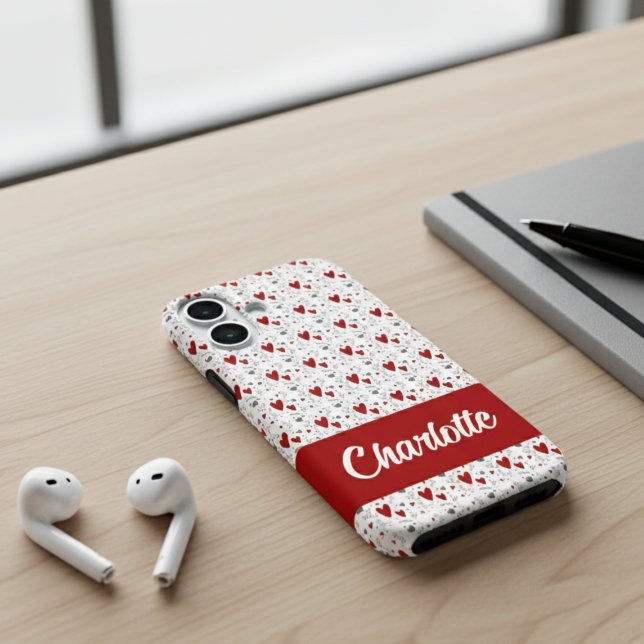 Rote schwarze moderne Herzen Retro-Monogramm-Name Case-Mate iPhone Hülle (cute red and black retro hearts iphone case with name monogram)