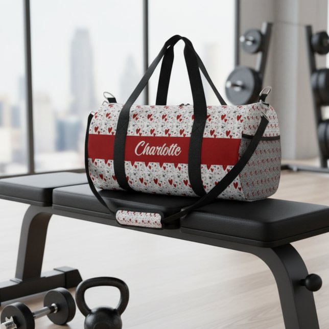 Rote schwarze moderne Herzen Retro-Monogramm-Name Duffle Bag (cute red and black retro hearts duffle bag with name monogram)