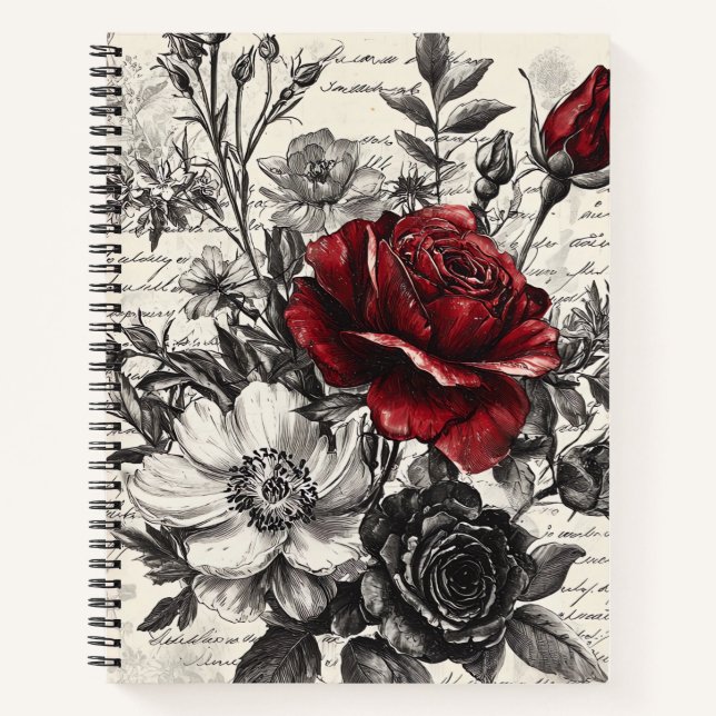 Rote Schwarze Rose Antike Manuskriptblumen Notizbuch (Vorderseite)
